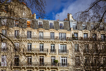 Paris architecture. Traditional Haussmann style of the 19th century. Haussmann renovated much of...