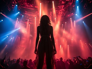 Fictional woman on stage in blue and red spotlight with her back in frame AI