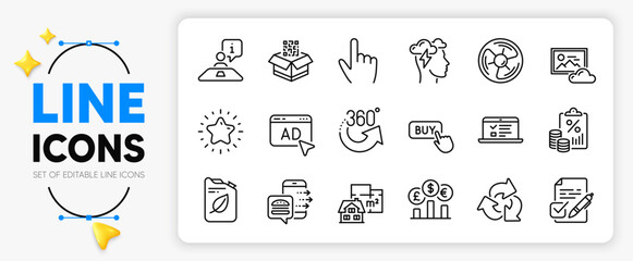 360 degrees, Mindfulness stress and Air fan line icons set for app include Qr code, Canister, Web lectures outline thin icon. Photo cloud, Interview, Food order pictogram icon. Recycle. Vector