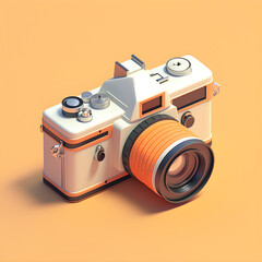 isometric vintage camera,3d icon,semi-realistic on orange background - obrazy, fototapety, plakaty