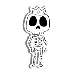 Cute cartoon Skeleton Wearing a Crown on white silhouette and gray shadow. Vector illustration about halloween.
