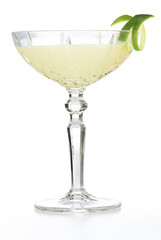Classic daiquiri cocktail in glass cup garnished with lime zest isolated on white background.