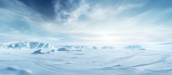 Naklejka premium Arctic winter landscape with large glaciers frozen sea and blizzards Artificial Intelligence Rendering