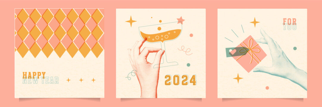 Set of retro posters in a trendy risograph print style. Happy New Year creative greeting cards with halftone hands holding glass of champagne and gift box. Vector vintage print illustration