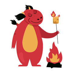 Funny dragon stands by the fire and roasts marshmallows. Vector graphic.