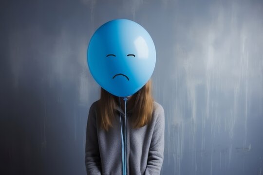 Girl holding a blue balloon with a sad face in front of her face - Powered by Adobe