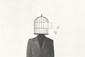 illustration of man with open birdcage over his head, surreal freedom concept - obrazy, fototapety, plakaty