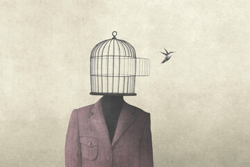 illustration of man with open birdcage over his head, surreal freedom concept