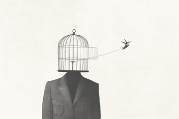 illustration of trapped little bird trying to flying out of open birdcage, surreal illusion concept - obrazy, fototapety, plakaty