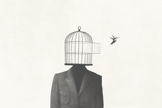 illustration of man with open birdcage over his head, surreal freedom concept