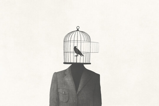 illustration of man with open birdcage over his head, fear to fly concept