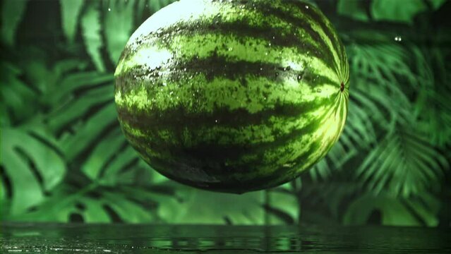 A whole watermelon falls on a wet table. Filmed on a high-speed camera at 1000 fps. High quality FullHD footage
