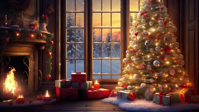 Luxurious interior with shining tree, wrapped gifts, and warming hearth. Christmas evening.