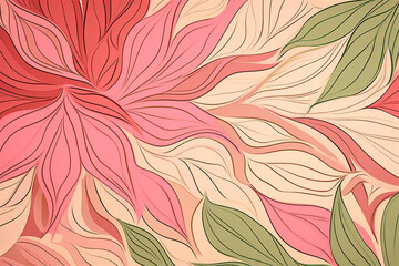 a bright pink, green, and beige background with a flower and leaves