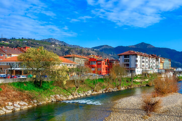 Fototapeta na wymiar Cityscape of Arriondas city and the Sella River, Asturias, Spain