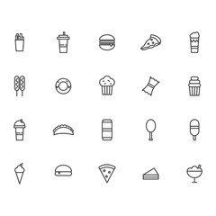 fast food icons simple set. contains bread, coffee, fruit, sausages etc. suitable for food poster icons.