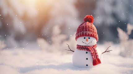 Naklejka na ściany i meble Banner. Kleiner süßer Schneemann mit roter Mütze und Schal vor verschneitem Winterhintergrund, mit Platz für Text. Grußkarte für Weihnachten