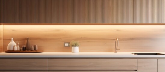 Minimalist interior concept with wood cabinet doors light grey illuminated niche sink stove and narrow shelf