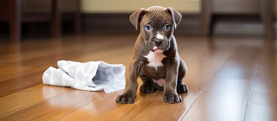 American Pit Bull Terrier puppy training and discipline on floor with absorbent diaper - obrazy, fototapety, plakaty