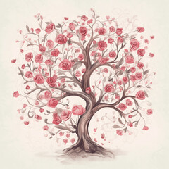 Pink tree with heart shaped leaves on a white background, illustration for postcards
