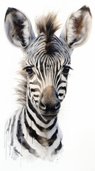 Fototapeta na wymiar Adorable pastel illustration: Baby zebra portrait for a kids room, clean design on white backdrop.
