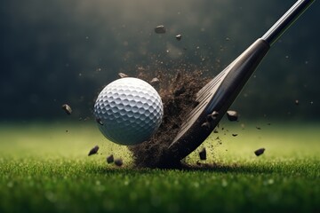 Close up of golf club hitting ball, photography