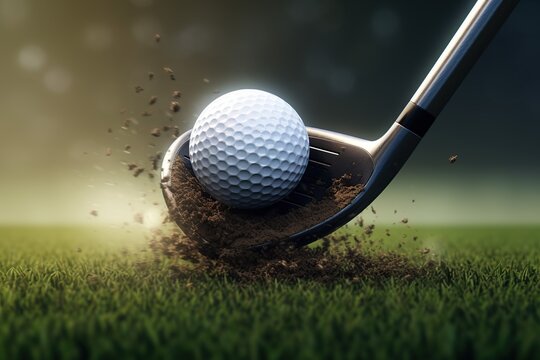 Close up of golf club hitting ball, photography