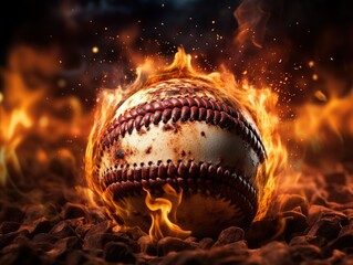 Fototapeta na wymiar Flying baseball ball in burning flames close up on dark background 
