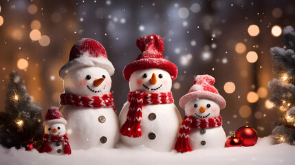 Fototapeta premium Snowmen happy familly on the snow. Christmas atmosphere 