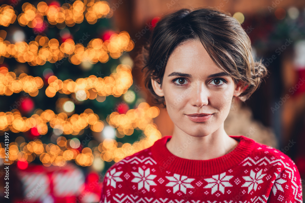 Wall mural Closeup portrait of funny lady wear red sweater winter new year party atmosphere relax merry christmas tree 2024 isolated inside home