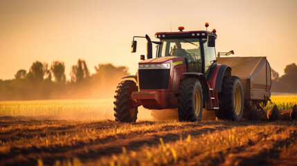 Naklejka premium a big tractor in corn field.