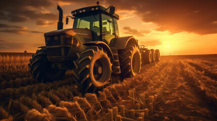 a big tractor in corn field.
