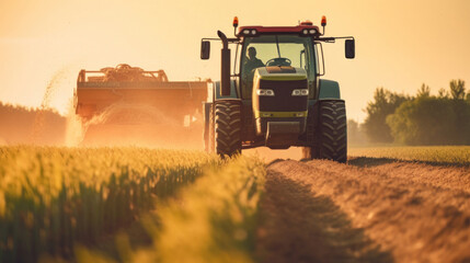 Fototapeta premium a big tractor in corn field.