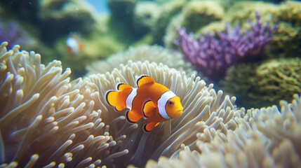 a clown fish swimming in a sea anemone.