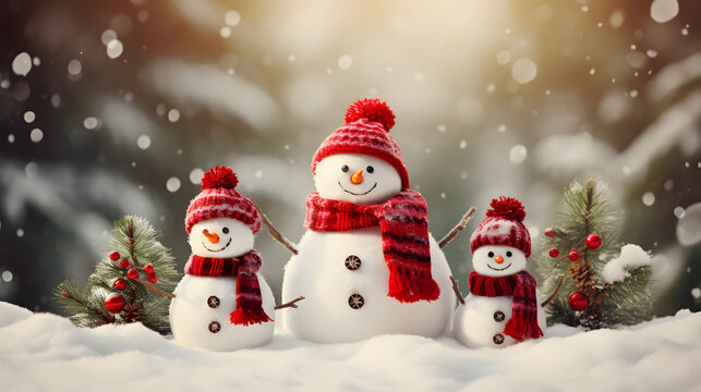 Snowmen happy familly on the snow. Christmas atmosphere 