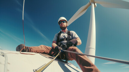 A man working above a wind turbine in a harness.