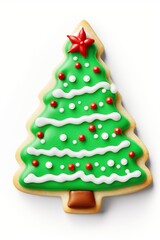 Overhead flat view of a christmas cookie in the shape of a christmas tree sticker