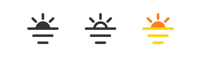 Sunset icon, horizon sunrise, sea dawn simple outline flat style vector illustration.