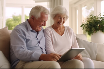 Portrait of an elderly couple of a happy Caucasian male and female, smiling and sitting at home on a couch with a tablet.