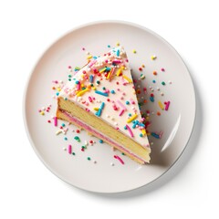 Overhead view of a slice of birthday cake on a party plate. isolated against a plain white background