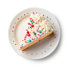 Overhead view of a slice of birthday cake on a party plate. isolated against a plain white background