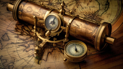 Antique brass telescope and compass old times world map. - obrazy, fototapety, plakaty