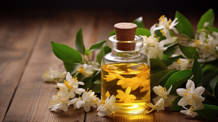 Neroli essential oil with flowers on a wooden background.