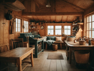 Charming Nordic fishing village interior with cozy wooden cabins and fishing paraphernalia.