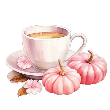 Pink autumn still life with pumpkin and coffee, isolated on transparent background
