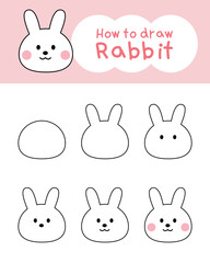 How to draw cute rabbit cartoon for learning, kid, coloring book. Vector illustration