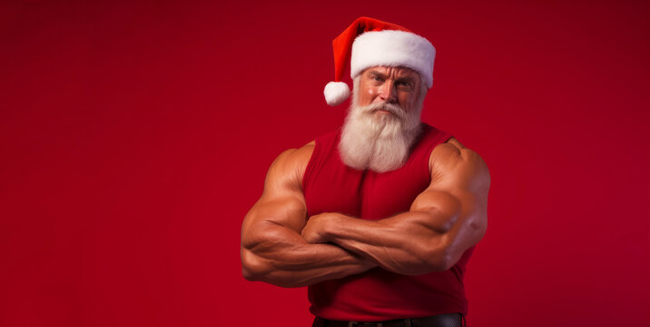 A muscular body builder Father Christmas. New year fitness concept