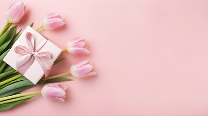 pink gift box with pink tulips on a pink background with copy space