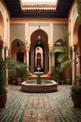 Fototapeta na wymiar Enchanting Moroccan riad courtyard with mosaic tiles, a central fountain, and lush plants.