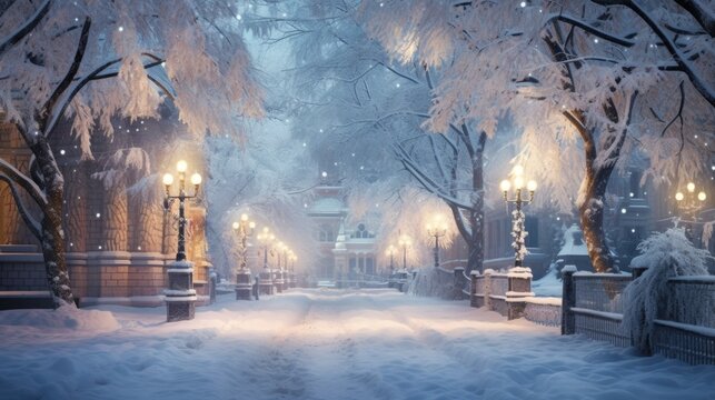 Frosty evening in winter city park, snow on trees, glowing lanterns lining pathway. Cold weather beauty.